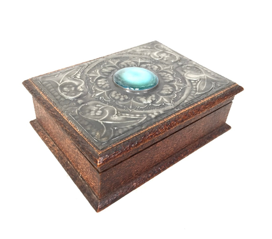 Antique Wood & Pewter Storage Box / Trinket Jewellery Box / Blue Cabochon c.1930