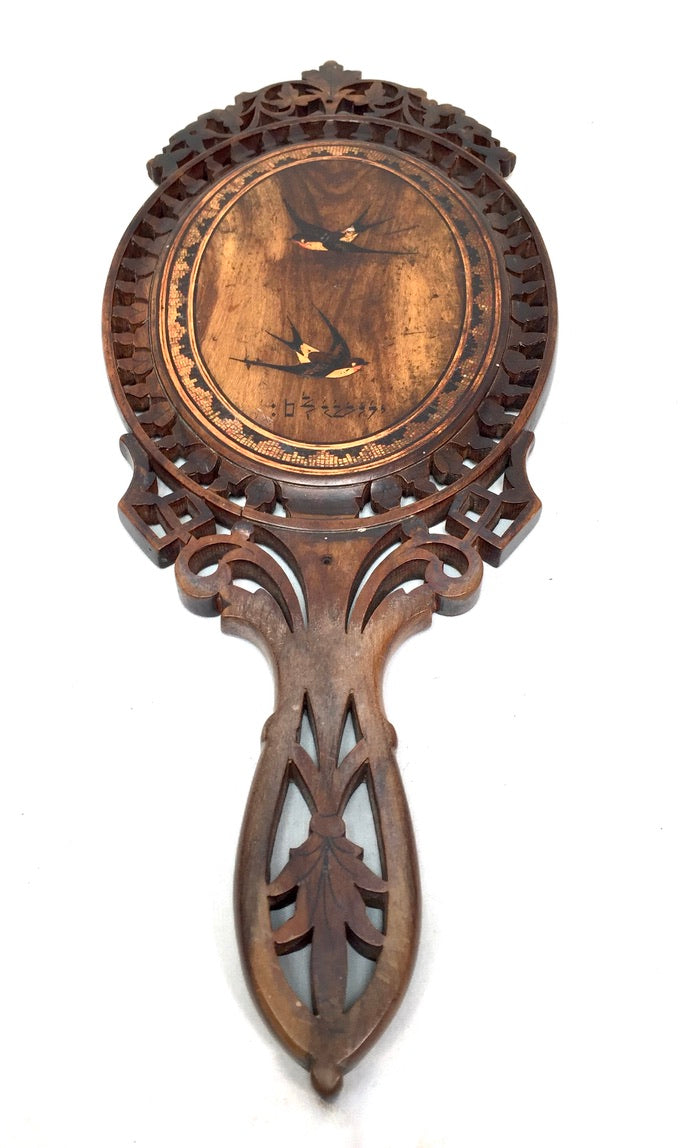 Antique Olive Wood Sorrento Ware Hand Held Mirror / Travel Mirror Italy c.1900