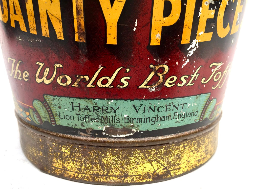 Antique Advertising 1920s Vincents Harvino Dainty Pieces Toffee Tin Bucket Shape