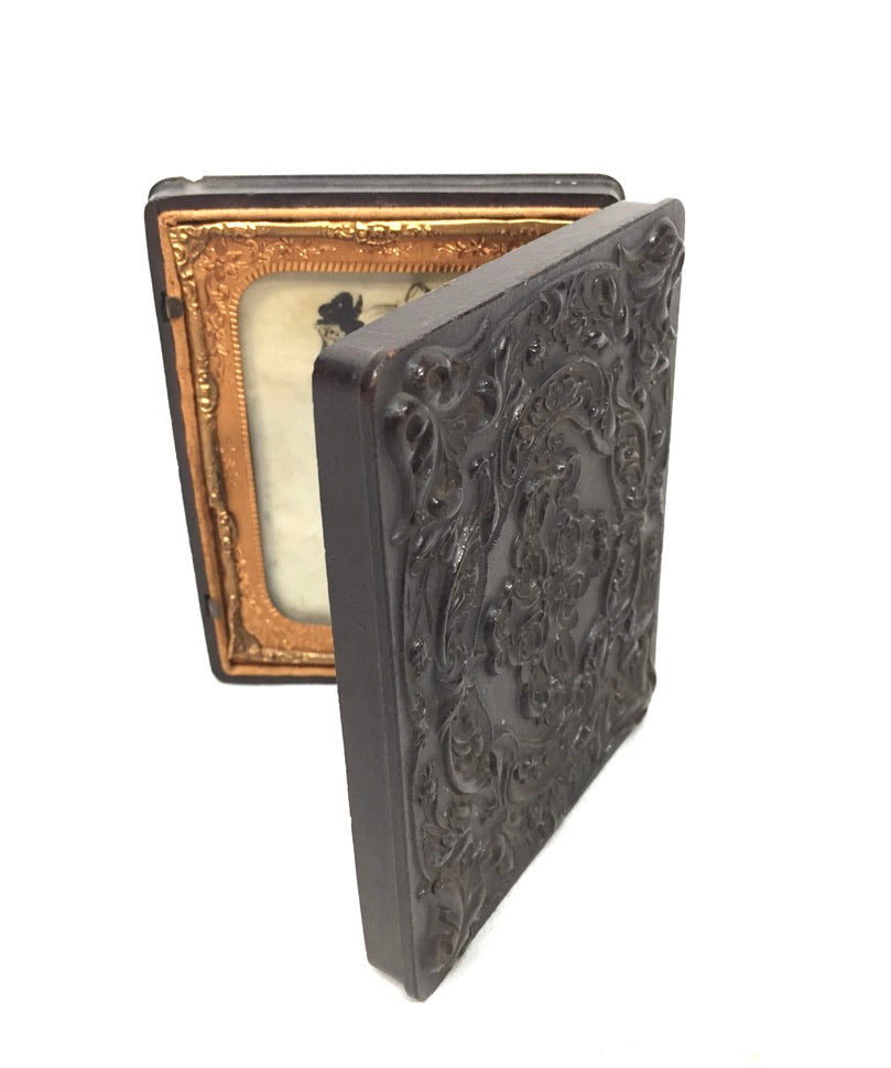 Antique Victorian Ambrotype Silhouette Portrait Wooden Carved Travel Case c.1850