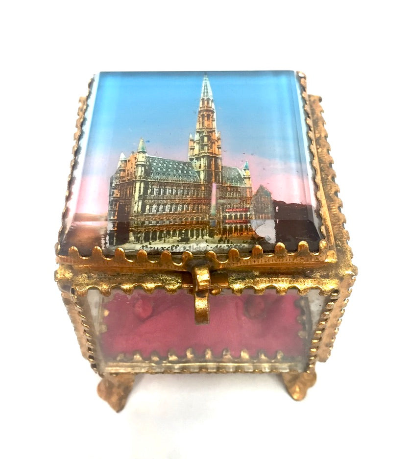 Antique Brussels Souvenir Miniature Casket / Glass Ring Box / Jewellery Box