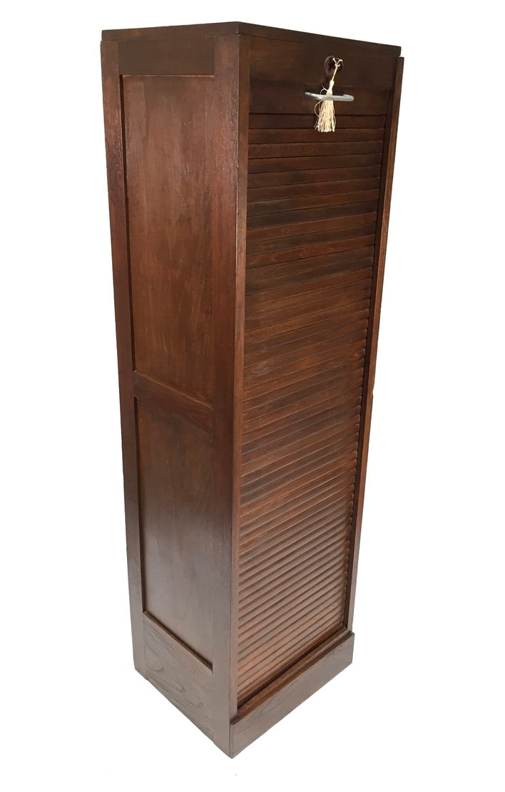 Antique 1950s Wooden Oak Tambour Fronted Office Paper Filing Cabinet with Key