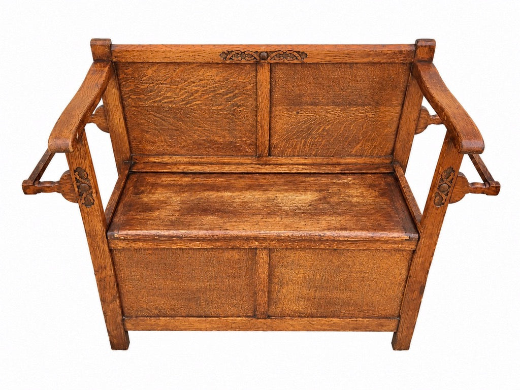 Antique Early 20th Century Oak Wooden Entrance Hall Monks Bench / Storage Seat