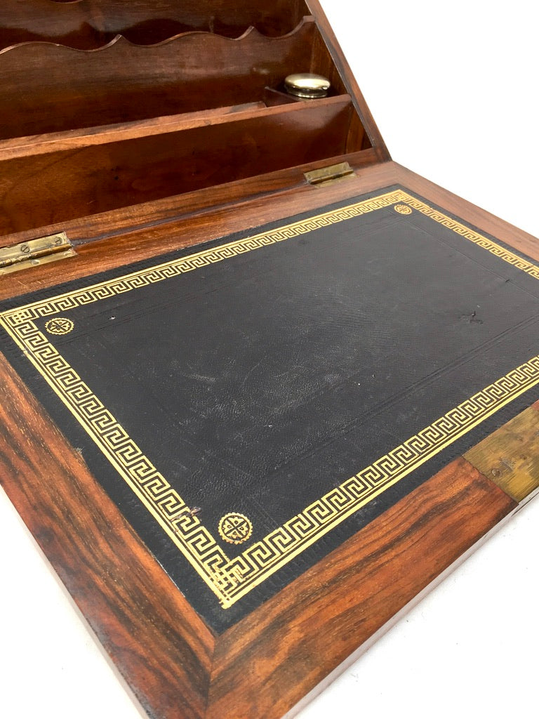 Antique Wooden Walnut Victorian Stationery Box Organiser Writing Slope with Key