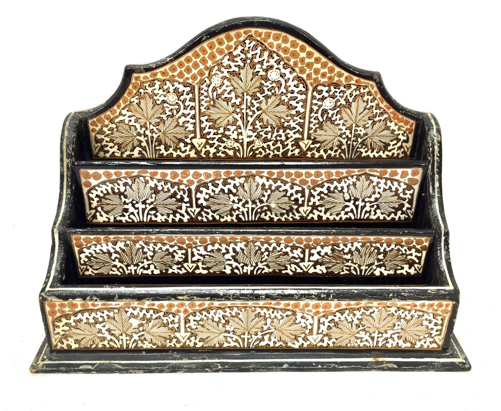 Vintage Wooden Kashmir Indian Gold Tabletop Letter Rack Stationery Holder Floral