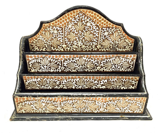 Vintage Wooden Kashmir Indian Gold Tabletop Letter Rack Stationery Holder Floral
