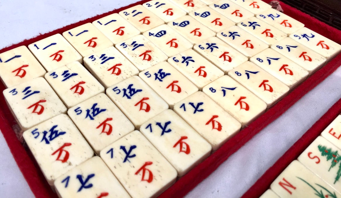 Antique Mahjong Game Carved Box / Bone & Bamboo Tiles / Mah Jong Game / Complete