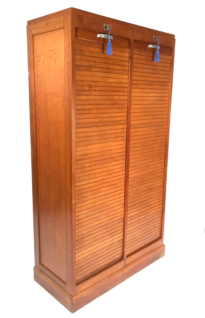 Antique 1950s Wood Oak Double Tambour Fronted Office Paper Filing Cabinet & Keys