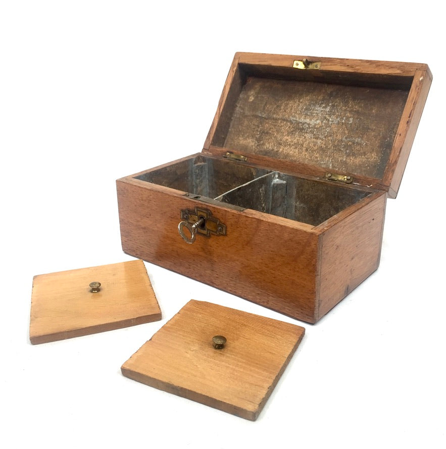 Antique 19th Century Wooden Double Compartment Tea Caddy with Key & Working Lock