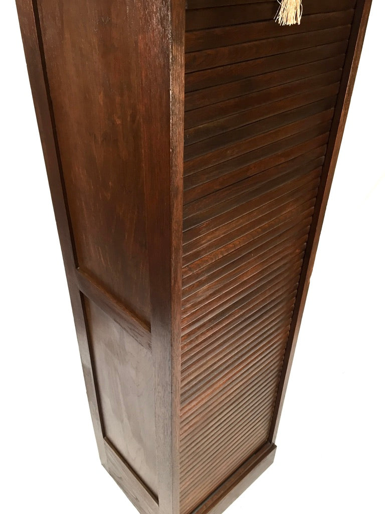 Antique 1950s Wooden Oak Tambour Fronted Office Paper Filing Cabinet with Key