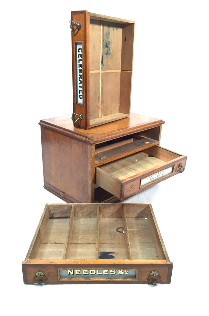 Antique Haberdashery Tabletop Shop Display Needle Box / Display Cabinet Drawers