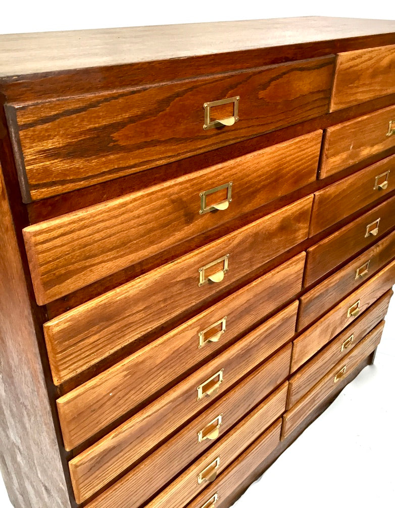 Antique Large Wooden Oak Office Double Filing Drawer Storage Cabinet Sideboard