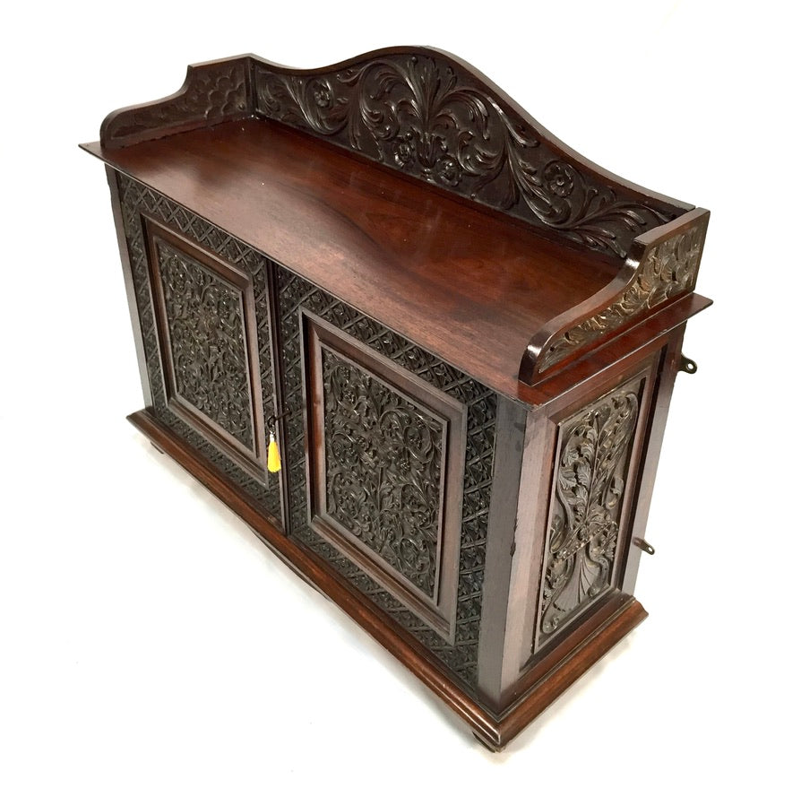 Antique Wooden Ornate Hand carved Cabinet / Cupboard with Key 19th Century