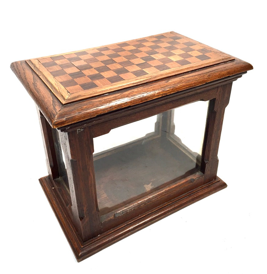 Antique Wooden Oak & Glass Display Box Cabinet / Checkerboard Inlaid Top c.1930