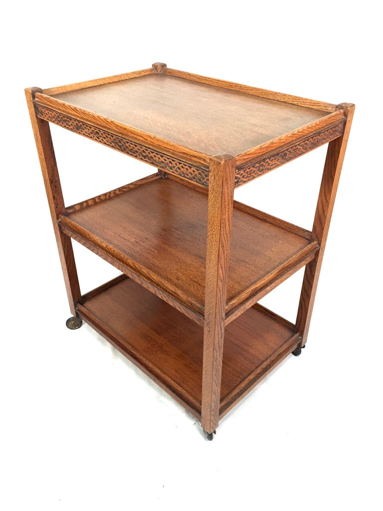 Antique Arts & Crafts Wooden Oak Tea Trolley / Bar Cart Side Table c.1930