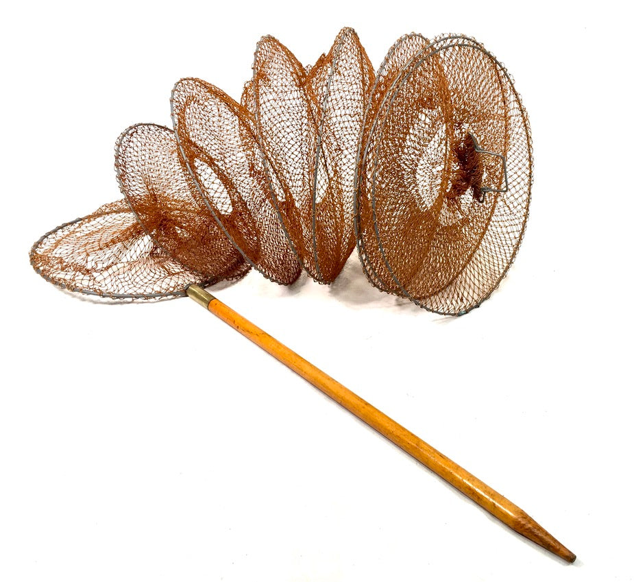 Antique Angling Multi-ringed Mesh Fish Trap / Keepnet On Wooden Pole Handle