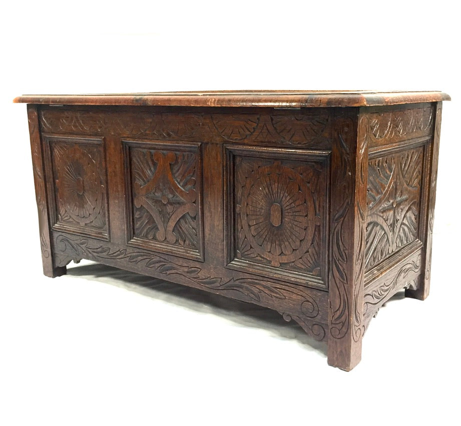 Antique Wooden Oak Hand Craved Panelled Storage Blanket Box / Coffer c.1900