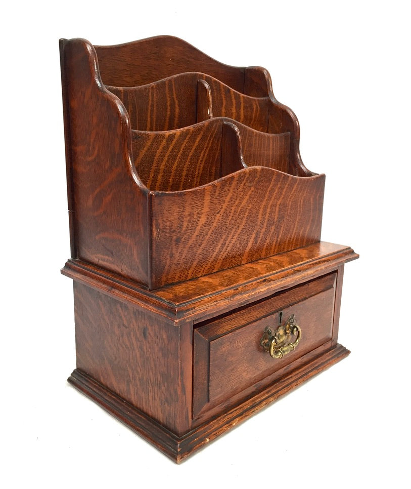 Antique Edwardian Wooden Oak Desk Organiser Letter Rack and Storage Drawer c1900