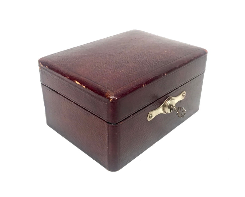 Antique Edwardian Leather Jewellery / Trinket Box with Key &amp; Working Lock c.1910