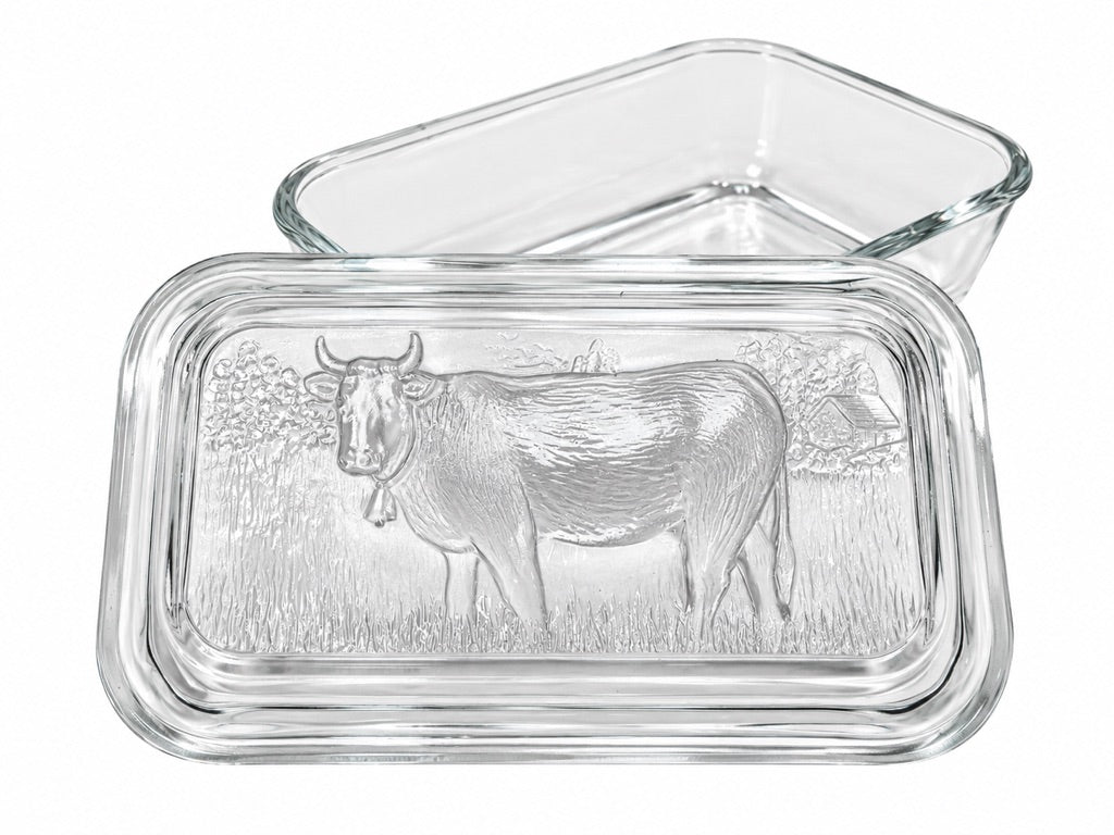 Vintage Kitchenalia - Glass Butter Dish & Lid Featuring Embossed Cow Design