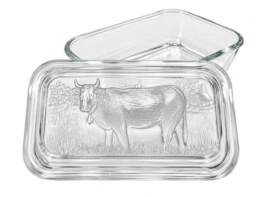 Vintage Kitchenalia - Glass Butter Dish & Lid Featuring Embossed Cow Design
