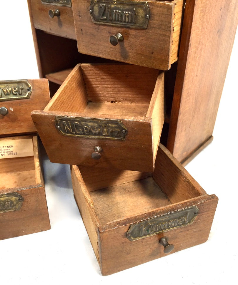 Antique Wooden Tabletop / Wall Hanging German Spice Box Drawers Storage Rack