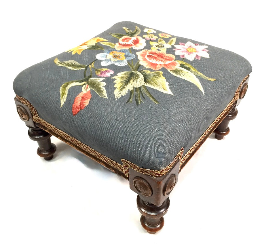 Antique Pair of Wooden Edwardian Floral Needlepoint Footstools / Feet Rests 1910