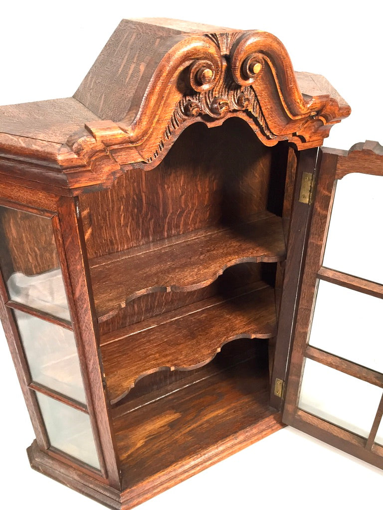 Antique Wooden Oak & Glass Wall Hanging Display Cabinet Storage Shelf with Key