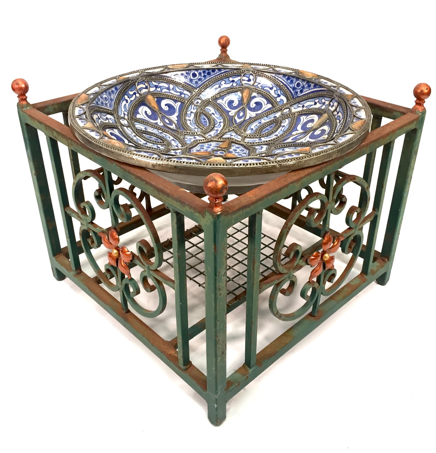 Vintage Hand Crafted Moroccan Style Bowl Outdoor Green Copper Toned Metal Stand