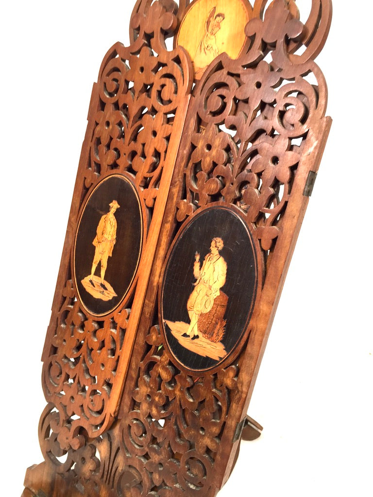 Antique Tabletop Hand Carved Wooden Sorrento Ware Triptych Vanity Mirror c.1900