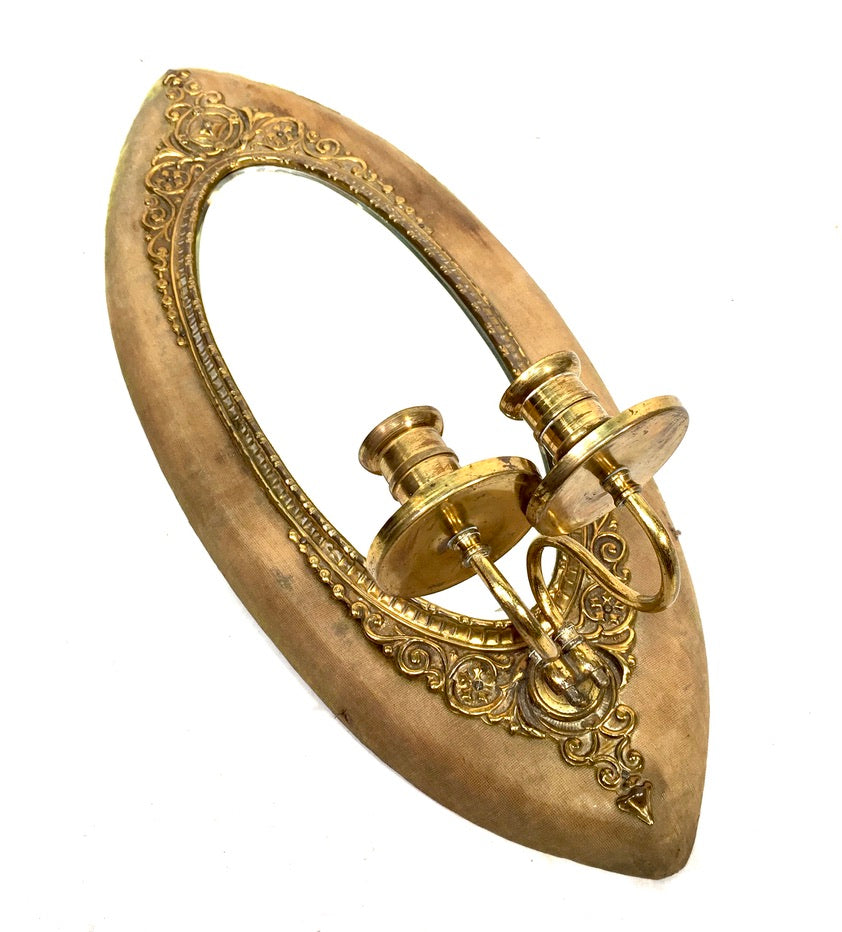 Antique Brass & Fabric Wall Mounted Mirror / Double Candle Holder Sconce c.1900