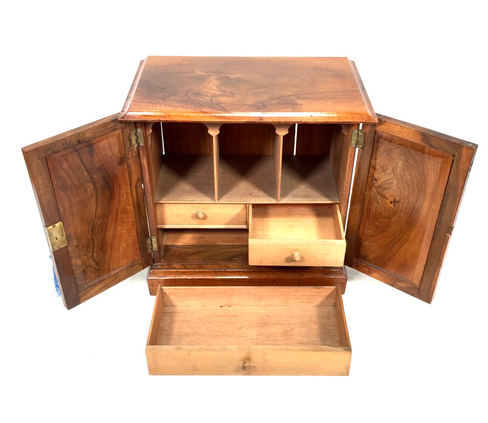 Antique Wooden Walnut Tabletop Cabinet Storage Box Desk Organiser & Key c.1930