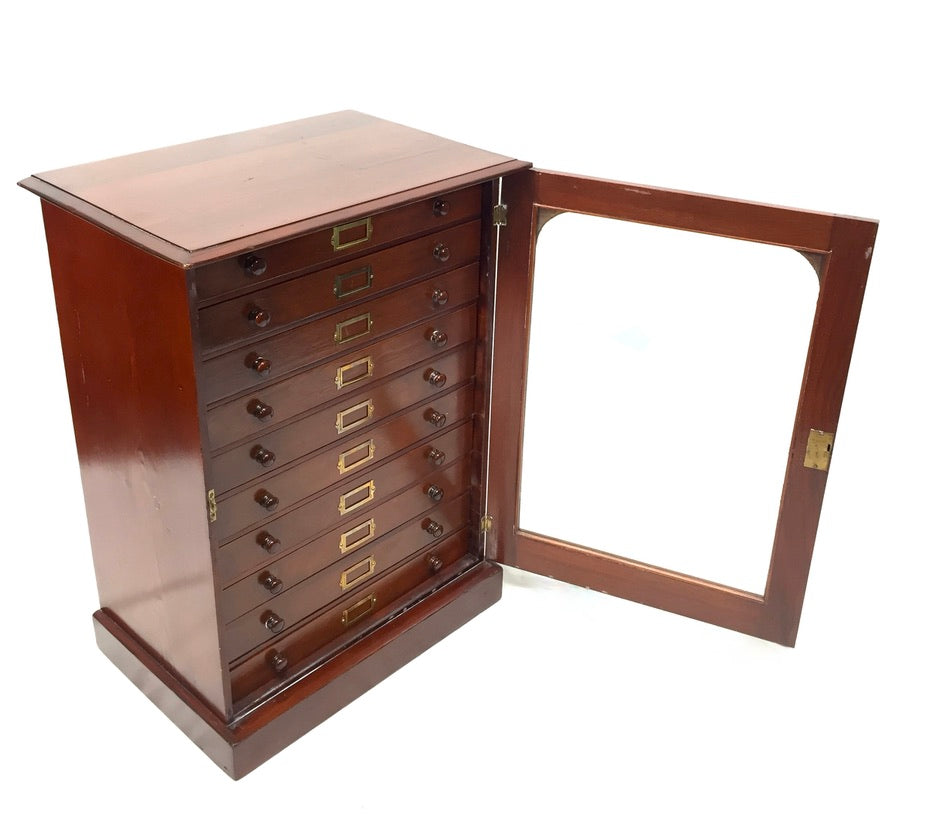 Antique Victorian Mahogany & Glass Specimen Collectors Filing Drawer Cabinet