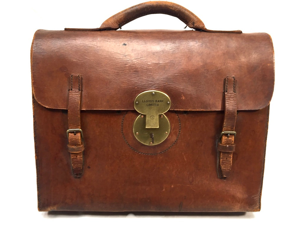 Antique Mid 20th Century Brown Leather Lloyds Bank Briefcase Bag With Key c1950