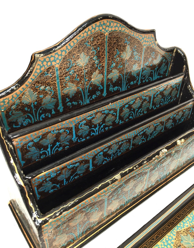 Vintage Wood 4 Piece Kashmir Desk Set Letter Rack / Stationery Tray / Pen Holder
