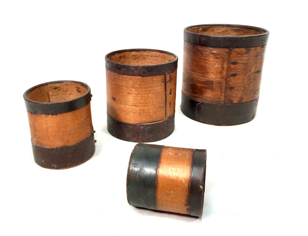 Antique Bentwood & Iron Set of 4 Grain Measuring Pots / Storage Cups c.1890