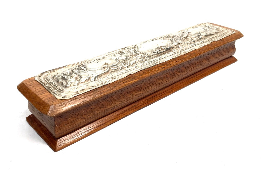 Antique Wooden Oak & Silver Hand Fan Storage Box Trinket Hallmarked Chester 1909