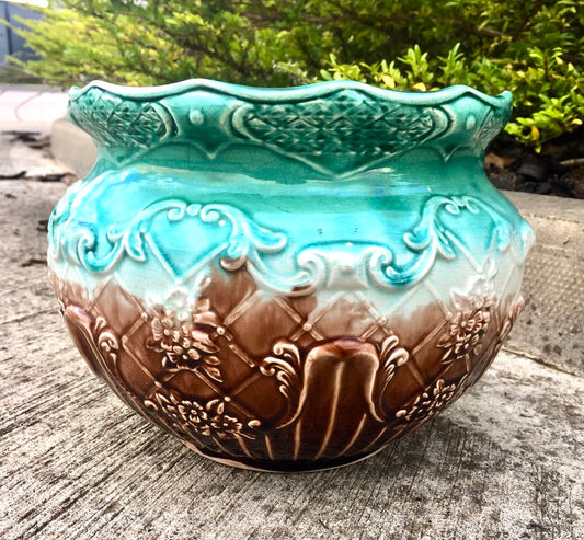 Antique Green & Brown Pottery Majolica Planter Indoor Plant Pot Cache Pot c.1920