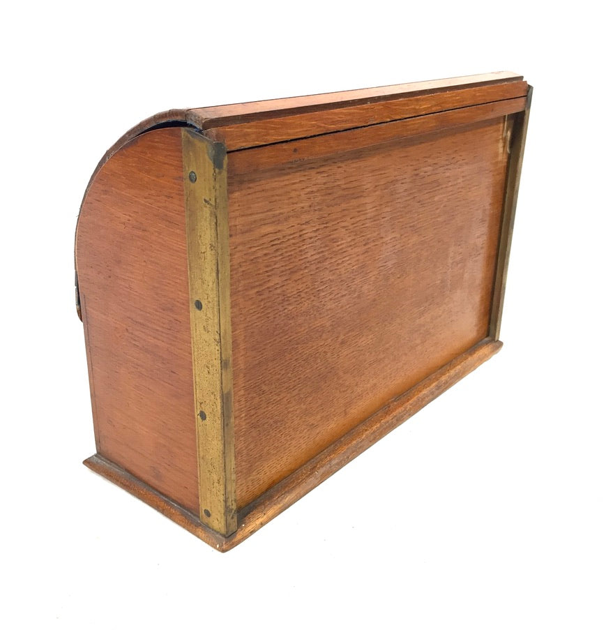 Antique 1920s Wooden Oak Desktop Tambour Fronted Letter Rack / Stationery Holder