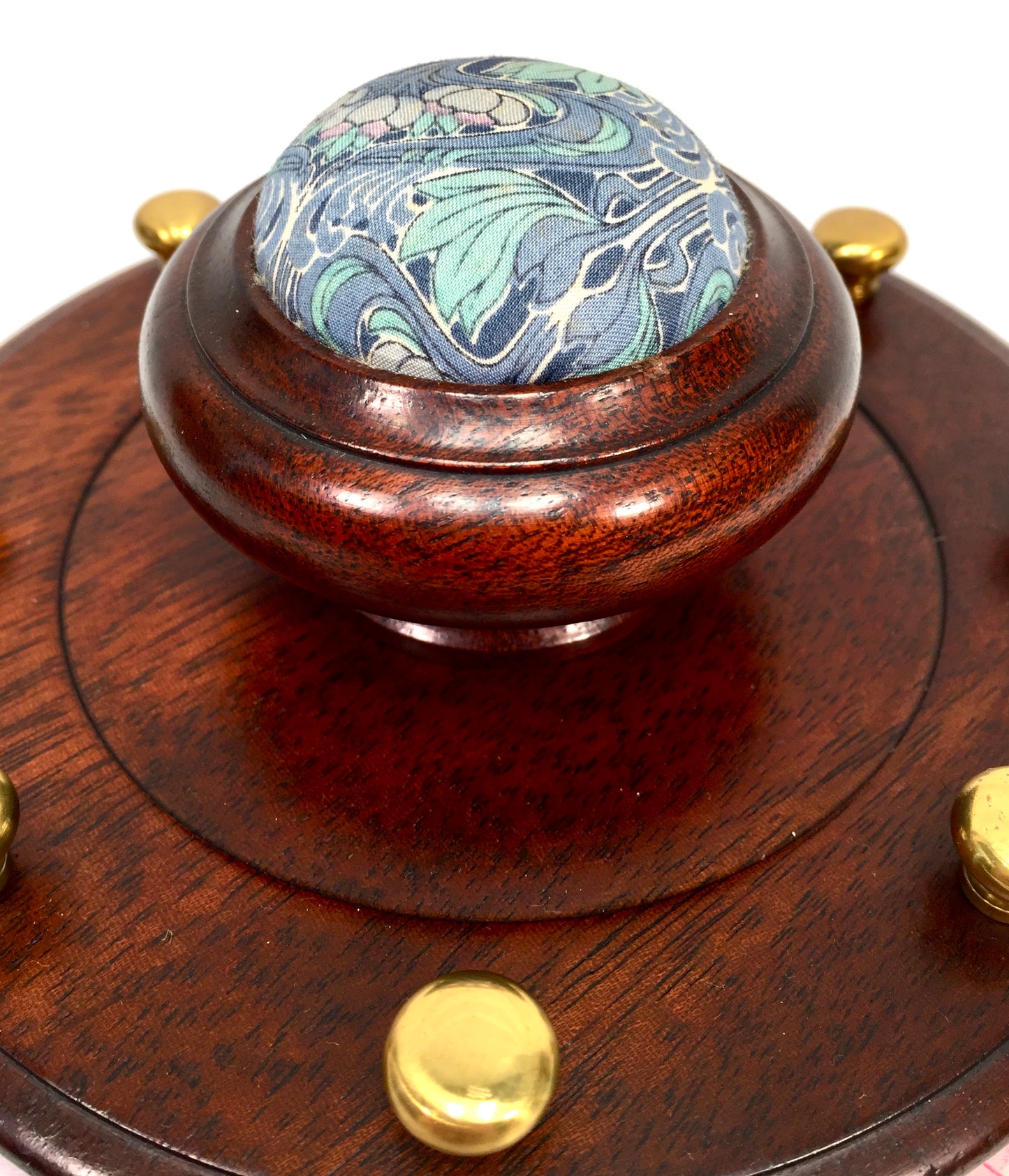 Vintage Mahogany Wood Tabletop Revolving Cotton Spool Reel Holder & Pin Cushion
