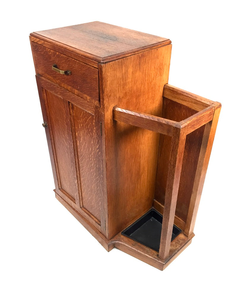 Antique 1920s Art Deco Entrance Hall Oak Wooden Umbrella Stand Storage Cabinet