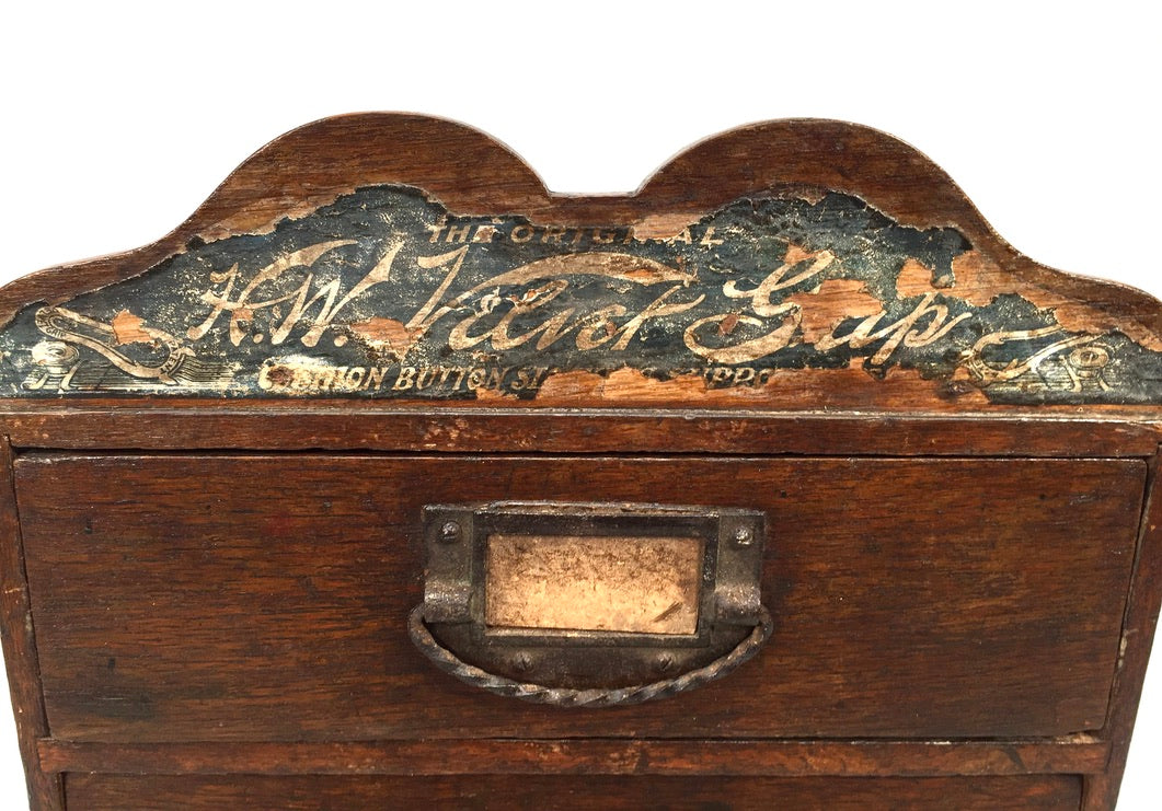 Antique Advertising - Oak Wooden Tabletop Haberdashery Shop Drawers c.1900