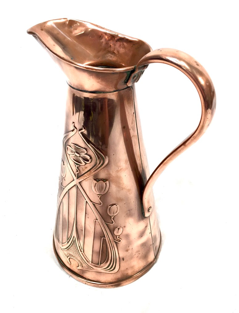 Antique Art Nouveau Joseph Sankey Embossed Floral Copper Pitcher / Large Jug