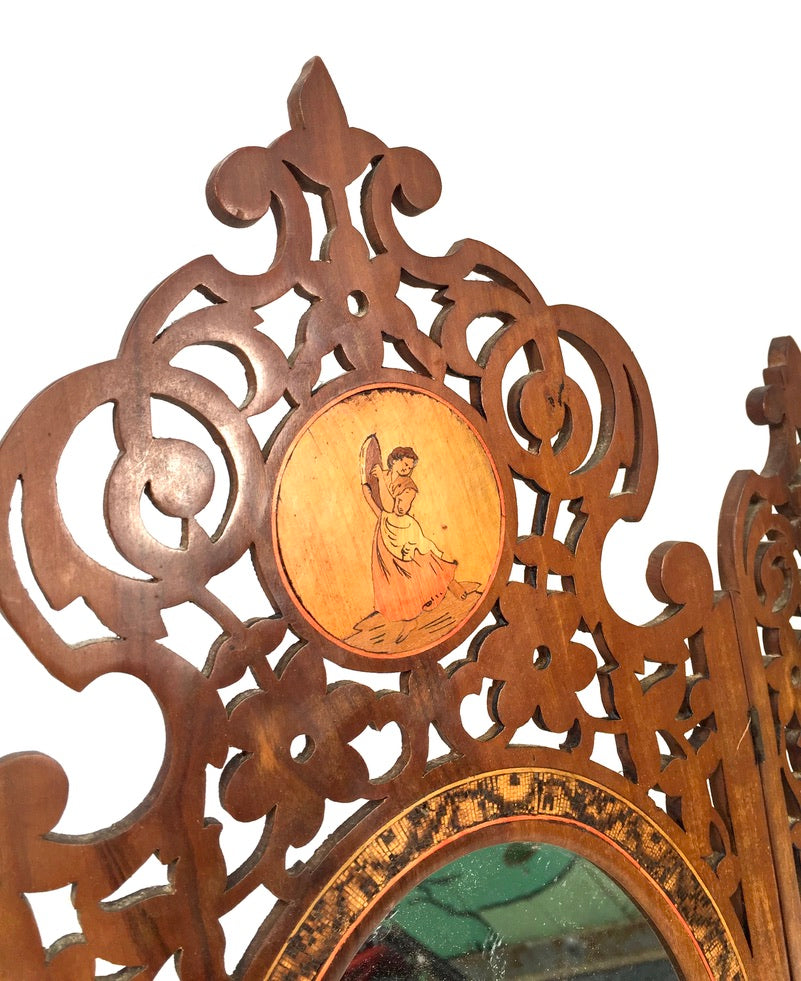Antique Tabletop Hand Carved Wooden Sorrento Ware Triptych Vanity Mirror c.1900