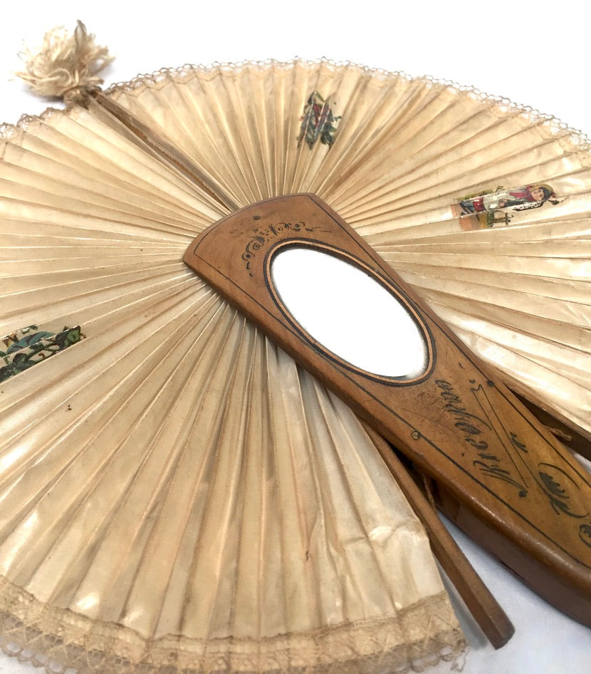 Antique Italian Sorrento Olive Wood & Paper Handheld Ladies Handbag Fan & Mirror