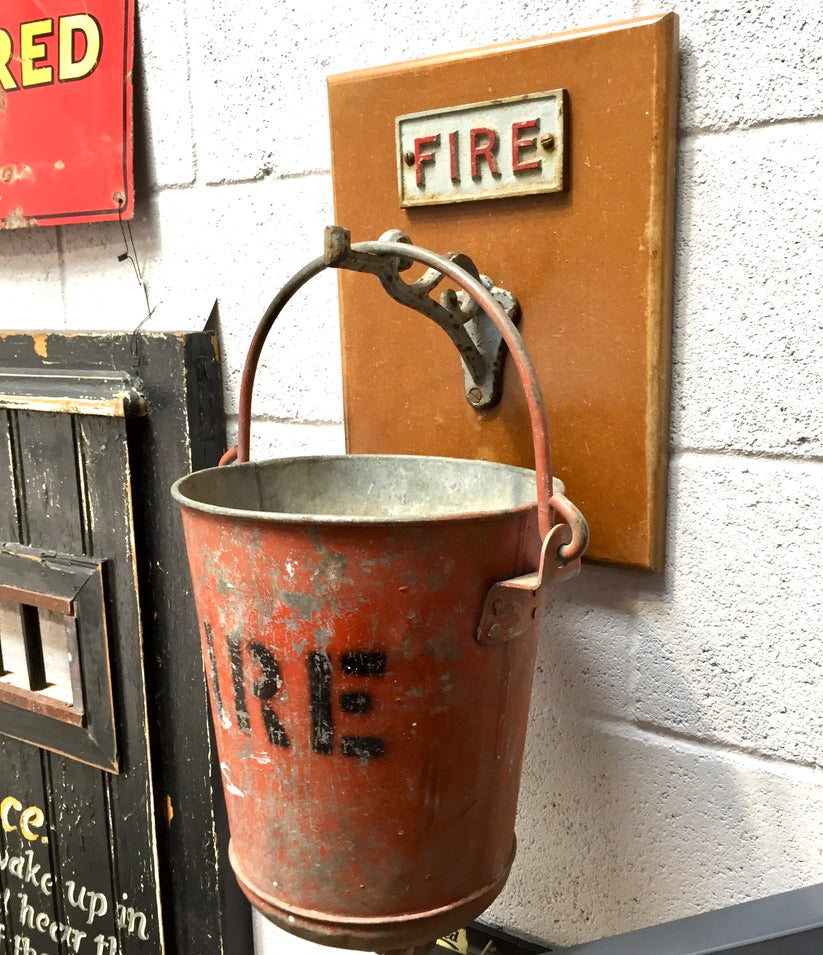 Antique Red Galvanised Fire Bucket & Handle / Original Wooden Wall Bracket Sign