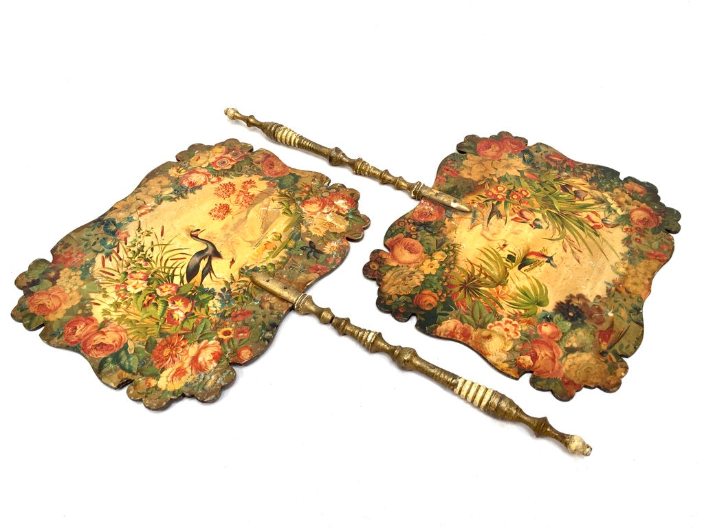 Antique Pair of Victorian Wooden Hand Held Fireplace Face Screens c.1880