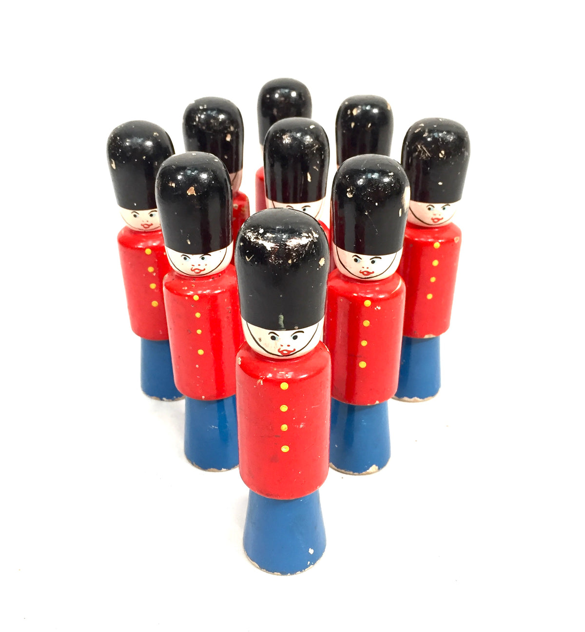 Vintage Complete Set of Hand Painted Wooden Soldier Bowling Skittles / Pins