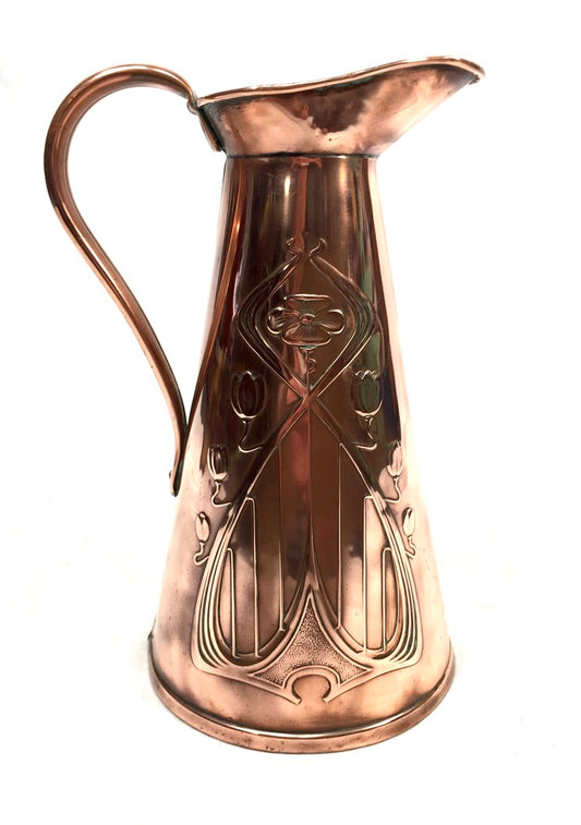Antique Art Nouveau Joseph Sankey Embossed Floral Copper Pitcher / Large Jug
