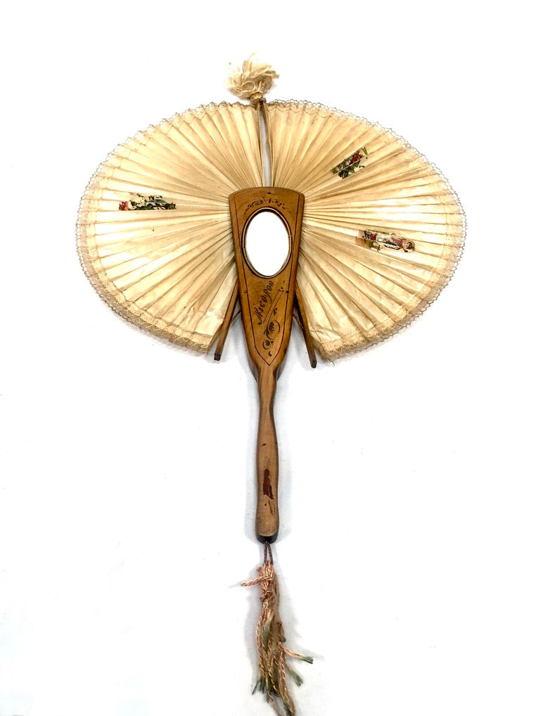 Antique Italian Sorrento Olive Wood & Paper Handheld Ladies Handbag Fan & Mirror